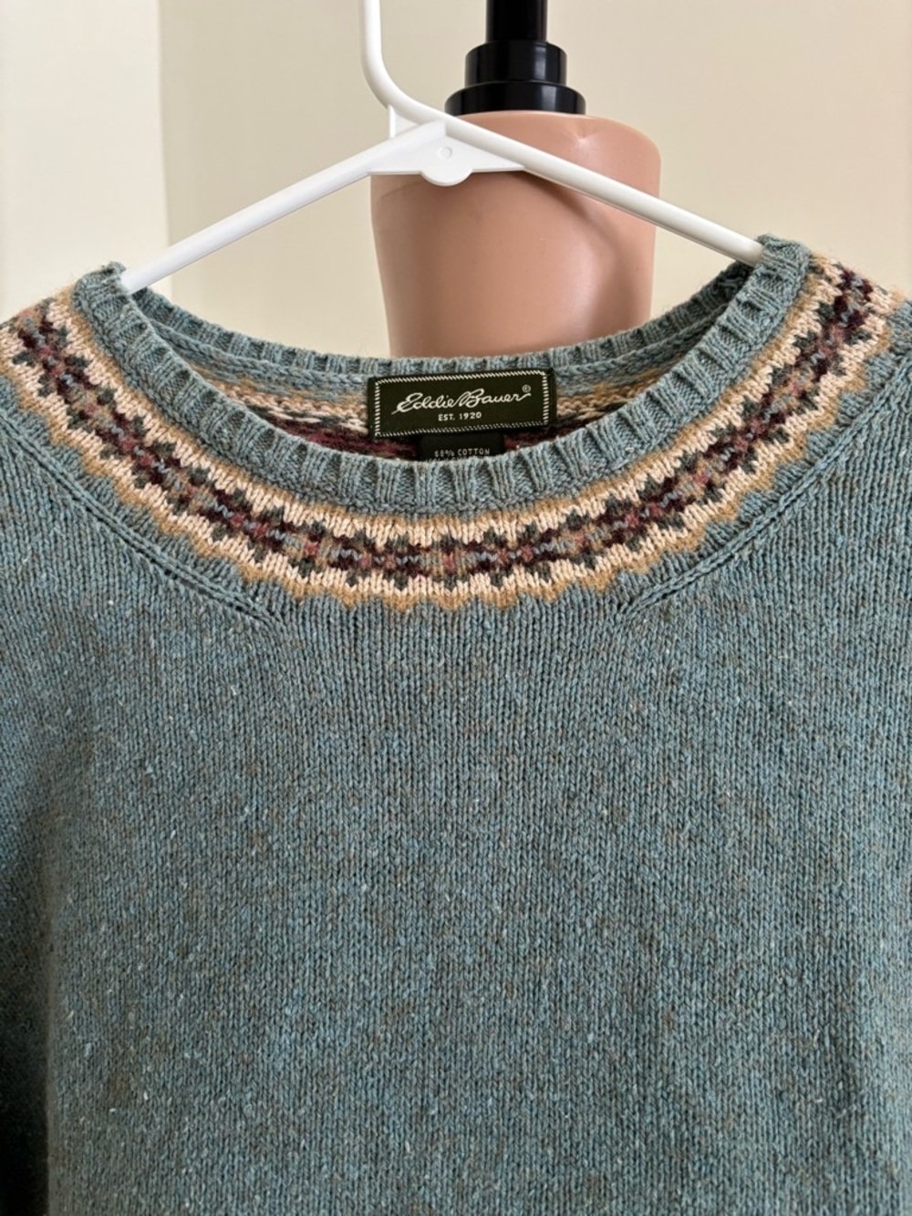 Vintage Eddie Bauer Teal Crewneck Sweater with Fair Isle Trim - Picture 4 of 10